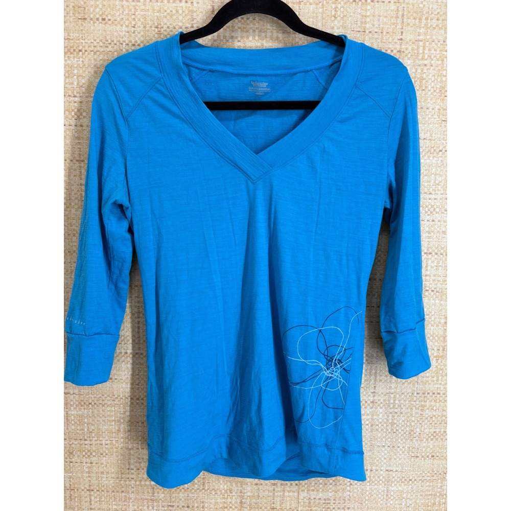 Icebreaker Superfine 150 Merino Wool Top Women M 3/4 Sleeve V-Neck Blue Graphic